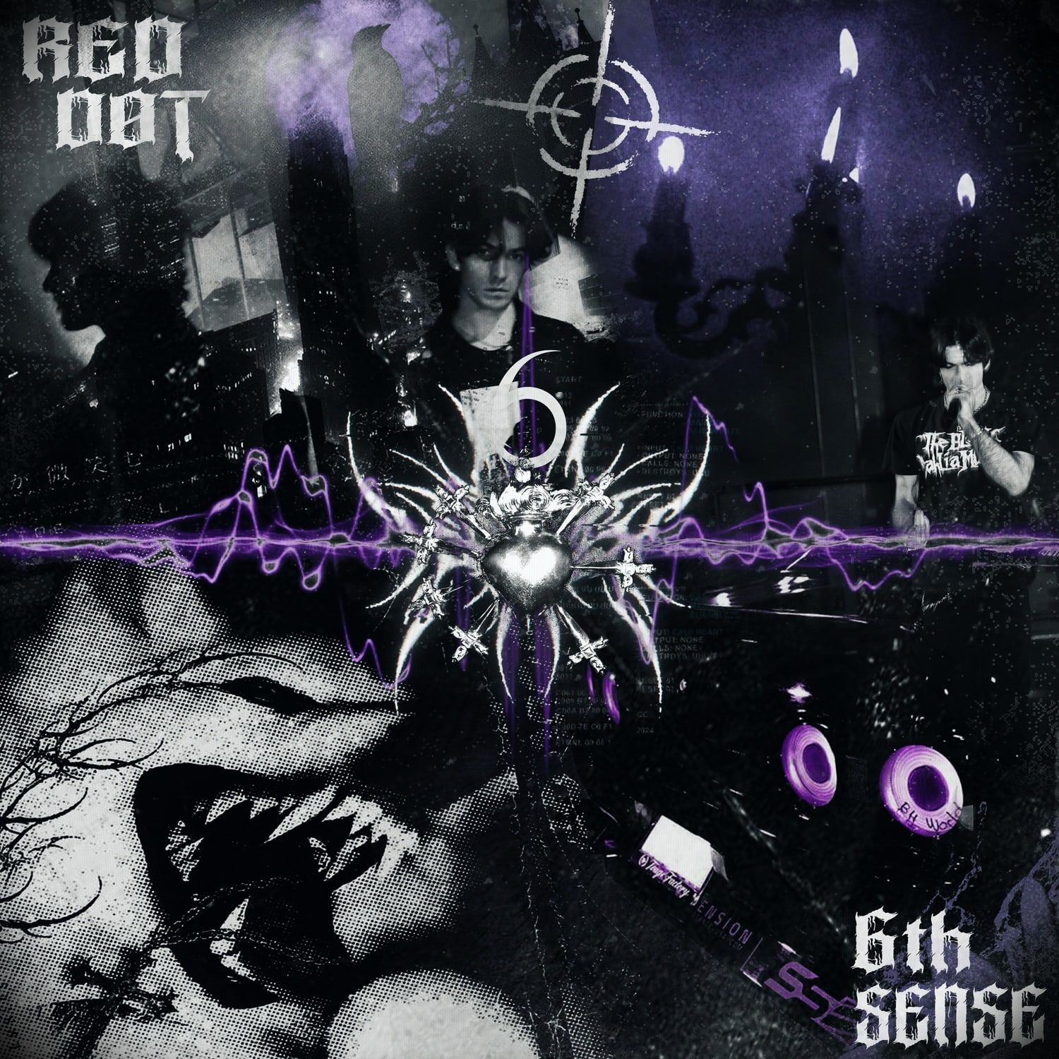 6thSense album cover: a chrome sacred heart pierced by swords on a purple waveform, in a collage of Red Dot photos
